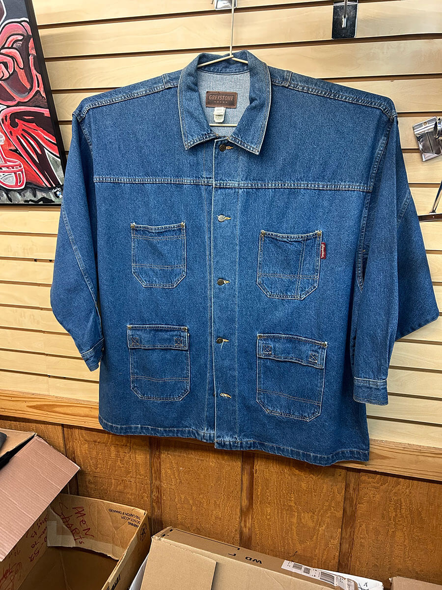 Greystone Big & Tall denim shirt jacket on a slatwall display.